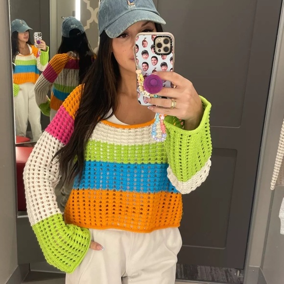 Colorful Striped Square Neck Pointelle Pullover Knit Sweater Size XL Wild Fable - Picture 4 of 11